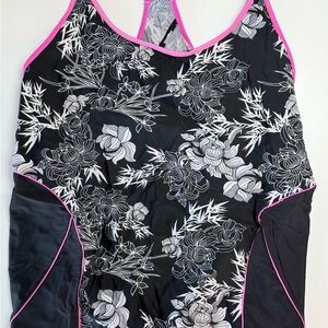 Women’s Black Floral Swimsuit with Pink Trim